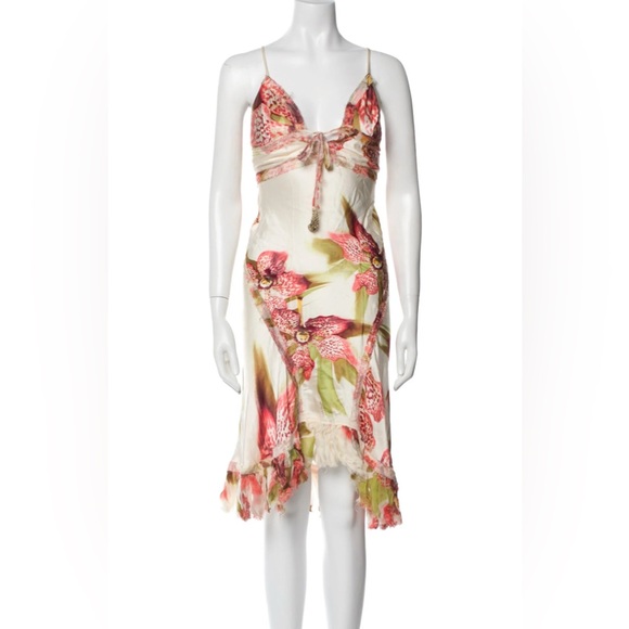 ROBERTO CAVALLI F/W 2004 Vintage Pink Floral Silk Ruffle Seam Midi Slip Dress XS - Picture 1 of 10